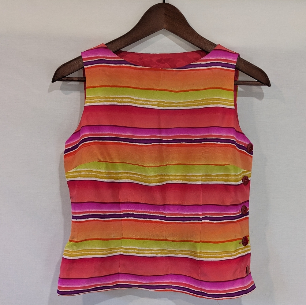 Vintage David Warren New York 100% Silk Colorful Striped Tank Top Size 2 Petite